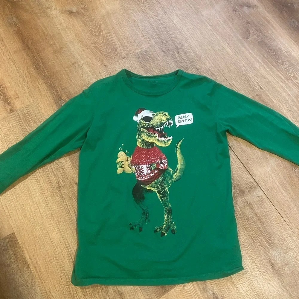 The Children's Place Boys Shirt XXL Christmas Dinosaur Green Long Sleeve